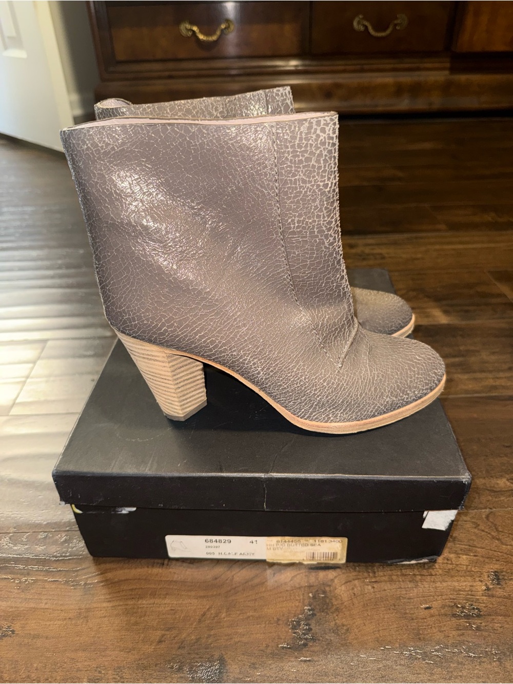 Marc by Marc Jacobs Crackle Taupe Leather Block Heel Ankle Boots